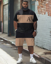 Big Guys Simple Colorblock Alphabet Print T-shirt Shorts Set